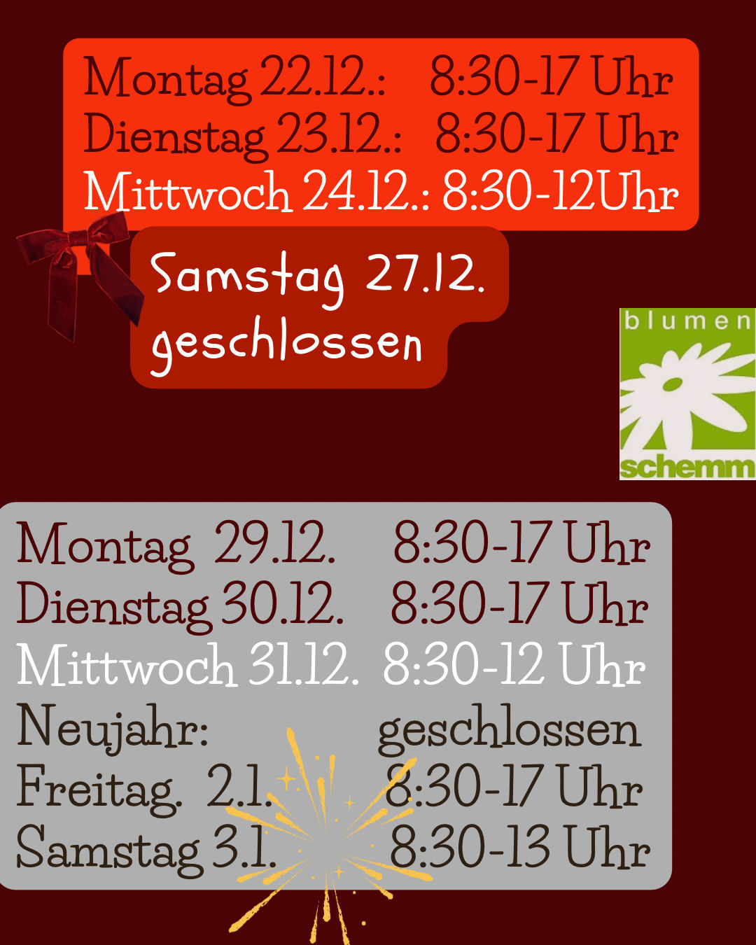 Öffungszeiten zum Jahresende